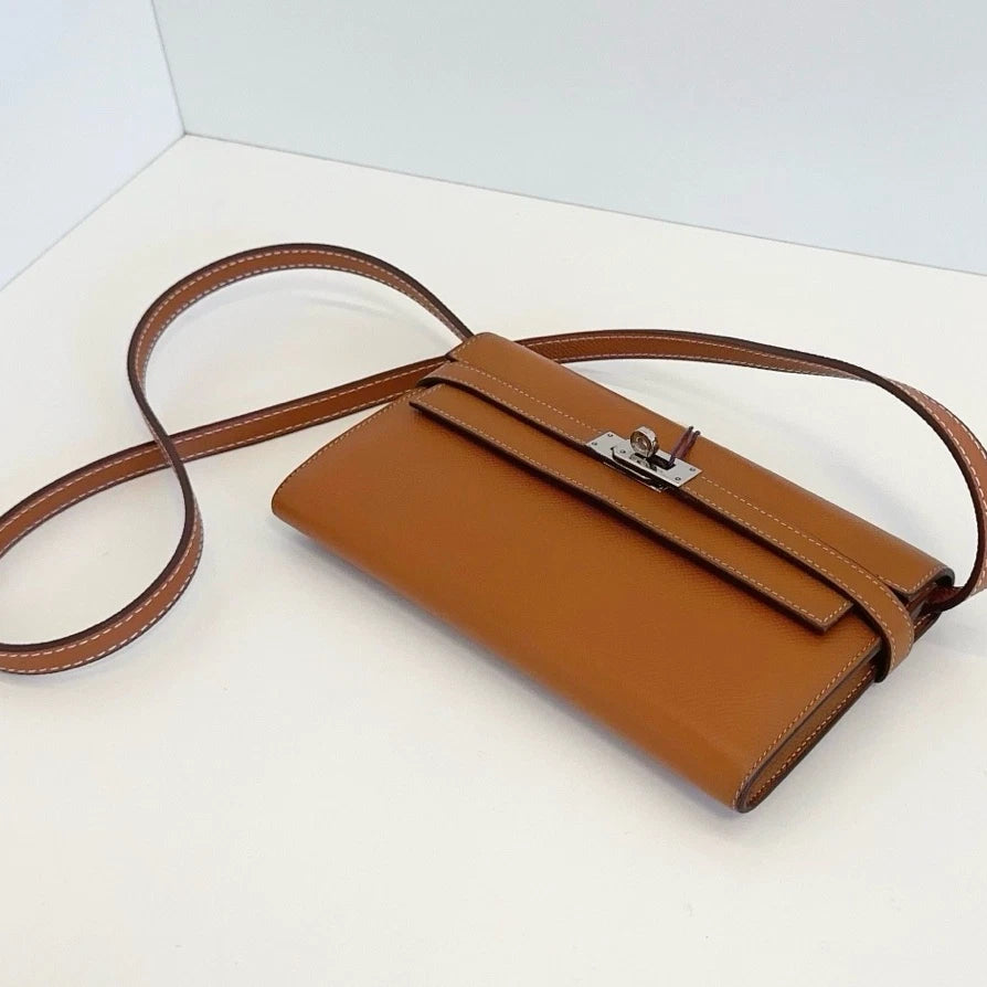 Authentic Hermes Kelly Long Wallet Epsom Shoulder Crossbody Bag Brown SHD