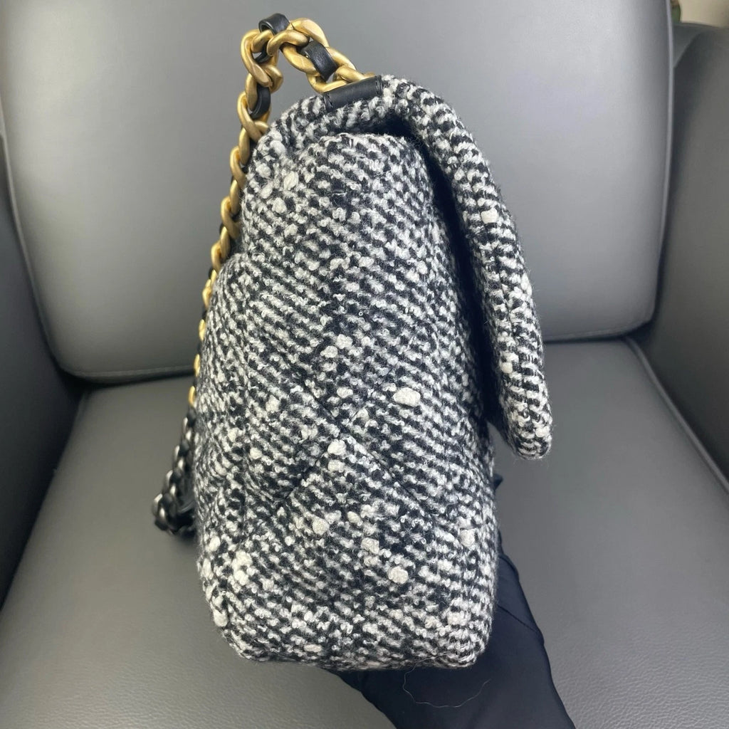 CHANEL 19 Large Wool Leather Shoulder Crossbody Handbag For Women