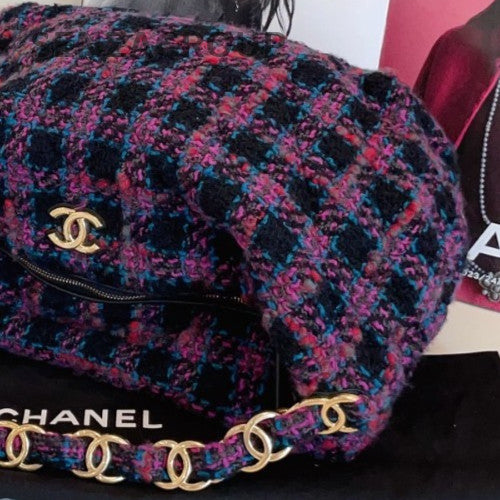 Chanel Tweet Maxi Hobo Chain Shoulder Bag Purple Gold Women Classic Designer