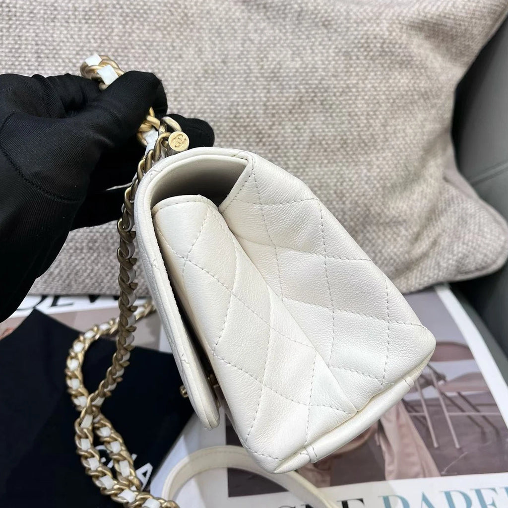 Chanel Diamond Chain Top Handle Crossbody White Gold Women Classic
