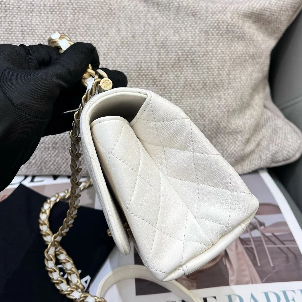 Chanel Diamond Chain Top Handle Crossbody White Gold Women Classic