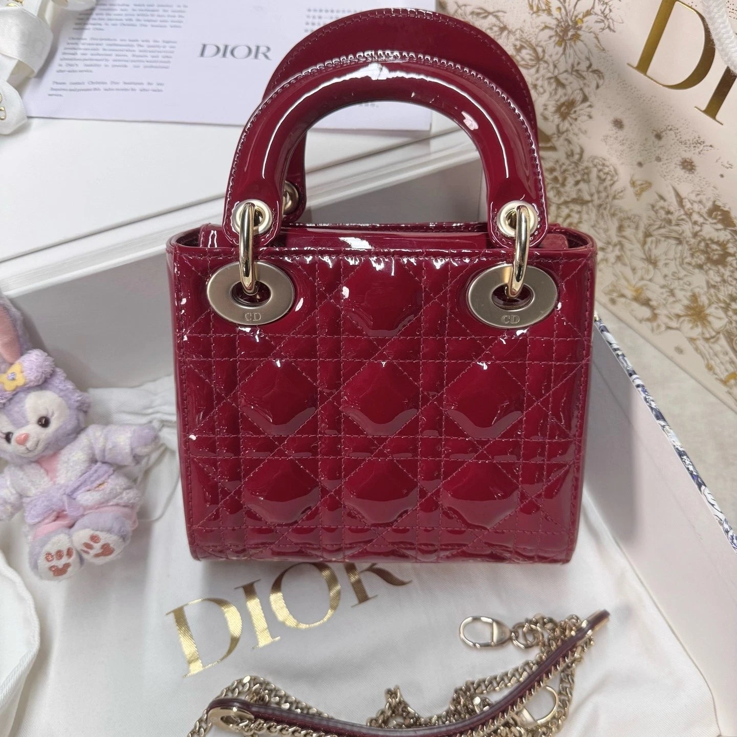 New Dior Red Patent Leather 3-Grid Lady Dior Handbag For Women