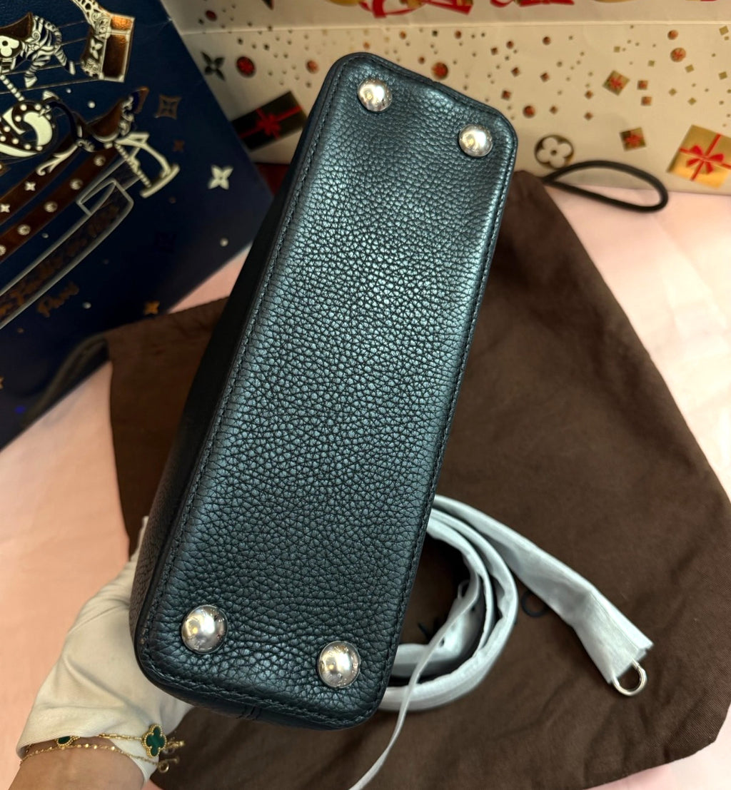 Louis Vuitton Capucines BB Calfskin Top Handle Bag Crossbody Black Silver Women