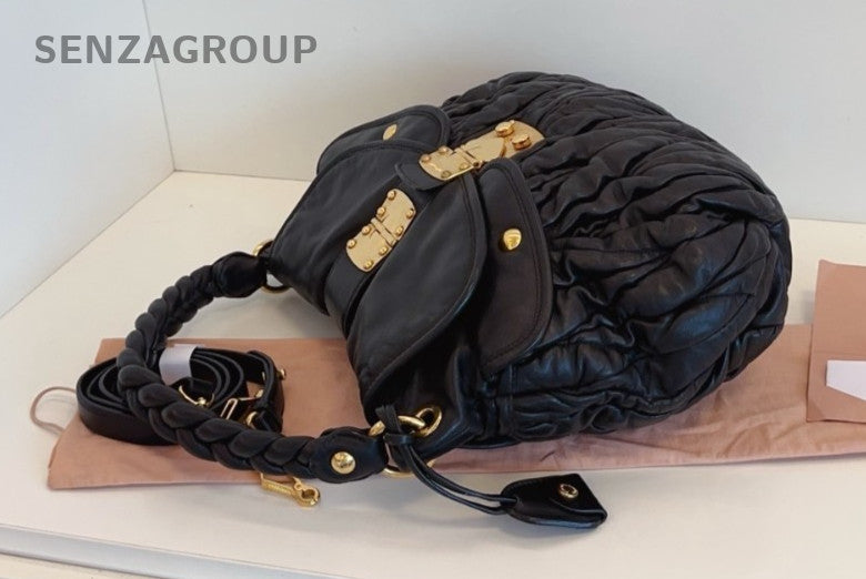 Miumiu Hobo Wrinkled skin 2WAY Shoulder Handbag Black Gold Women