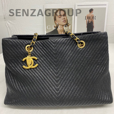Chanel Black Gold V-Pattern Calfskin Tote Bag with Chain Strap for Women