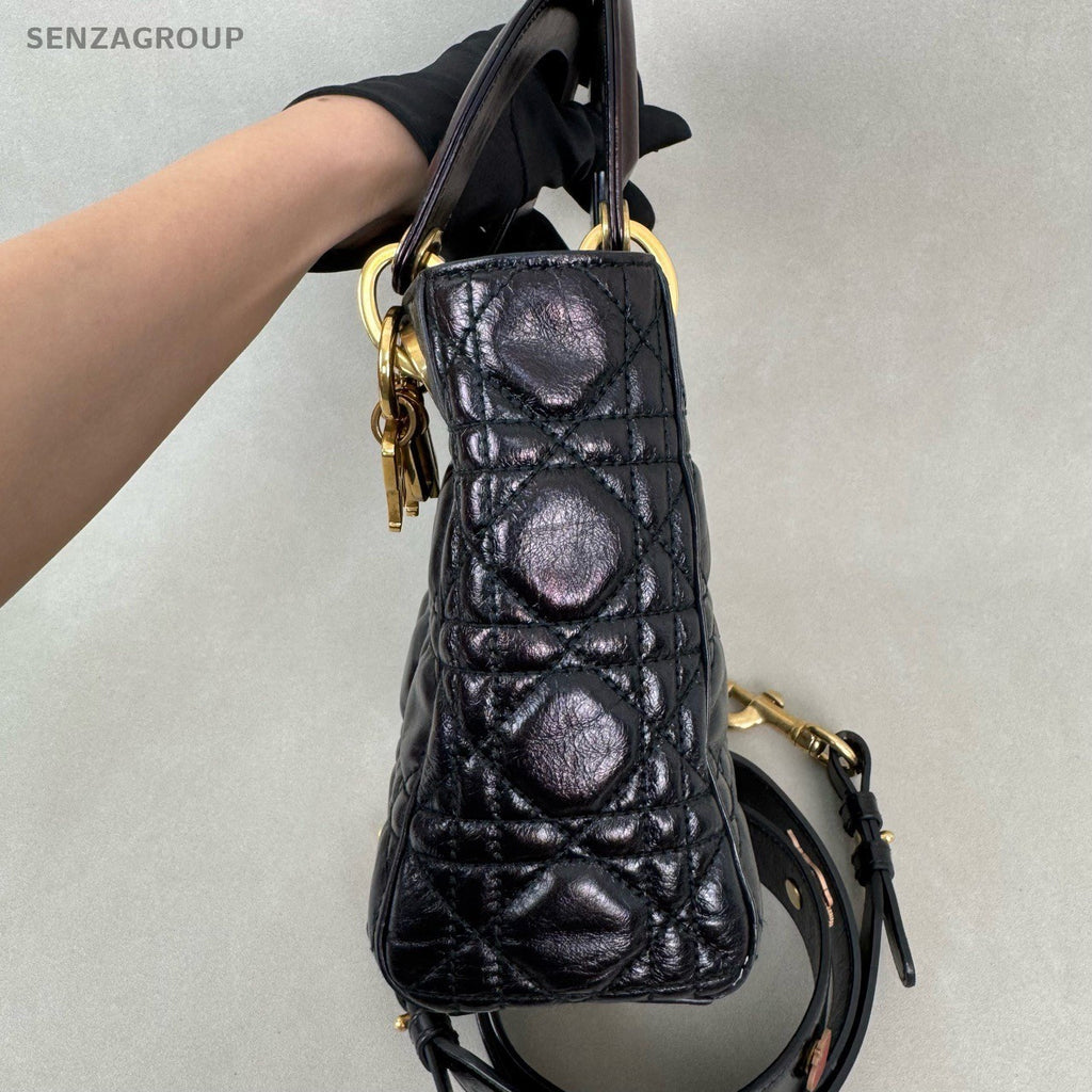 Christian Dior Lady Top Handle Oil wax leather 2way Shoulder bag Black Gold