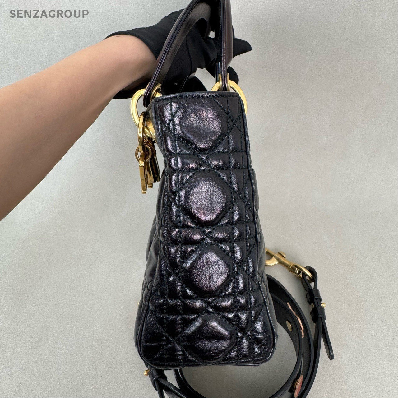 Christian Dior Lady Top Handle Oil wax leather 2way Shoulder bag Black Gold