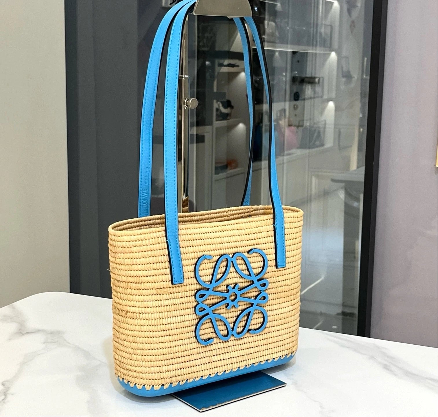Loewe Mini Blue Straw Shoulder Bag For Women