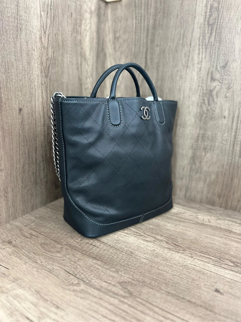 CHANEL Black Silver Quilted Chain Shoulder Tote Bag For Women