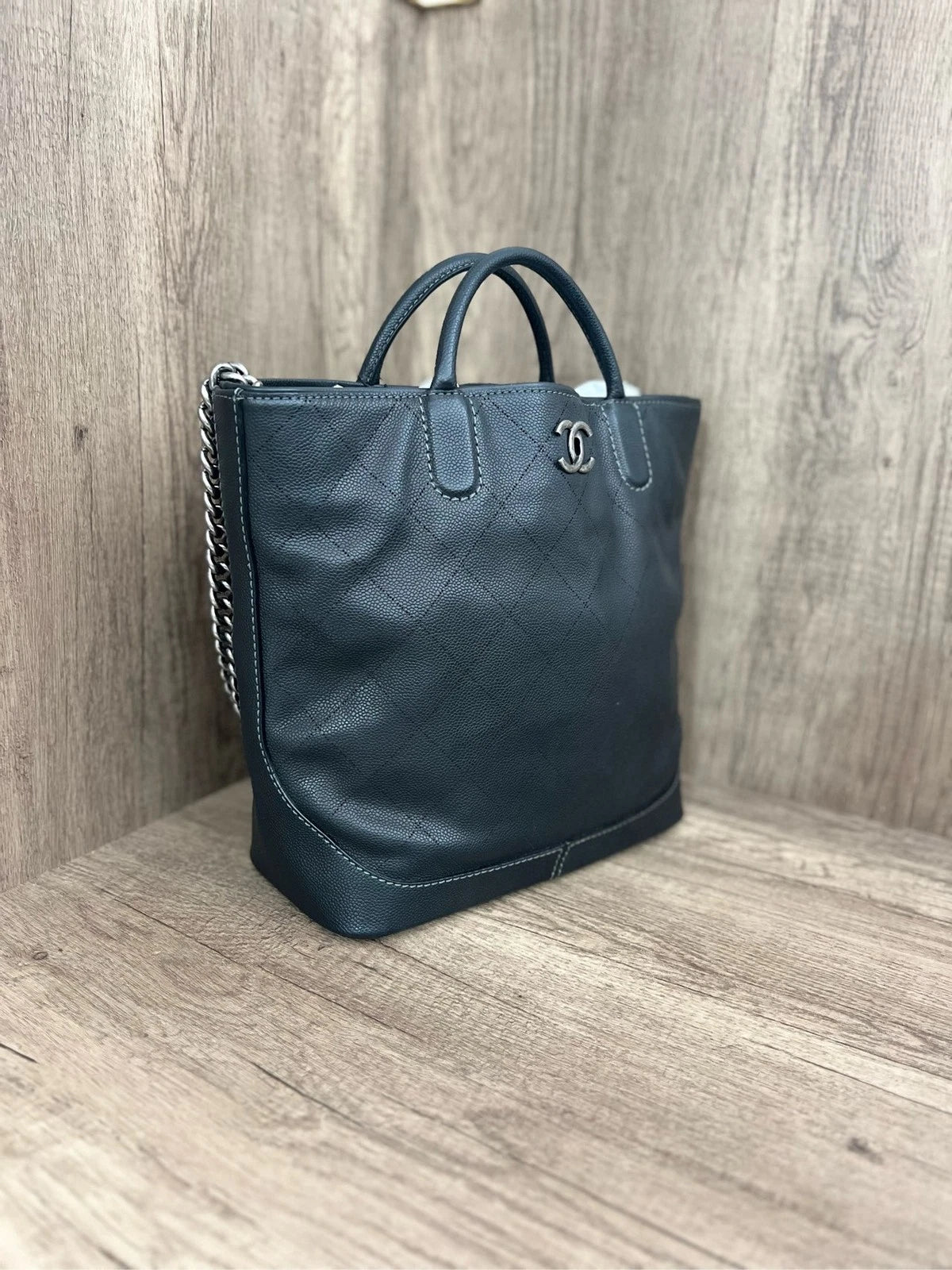 CHANEL Black Silver Quilted Chain Shoulder Tote Bag For Women