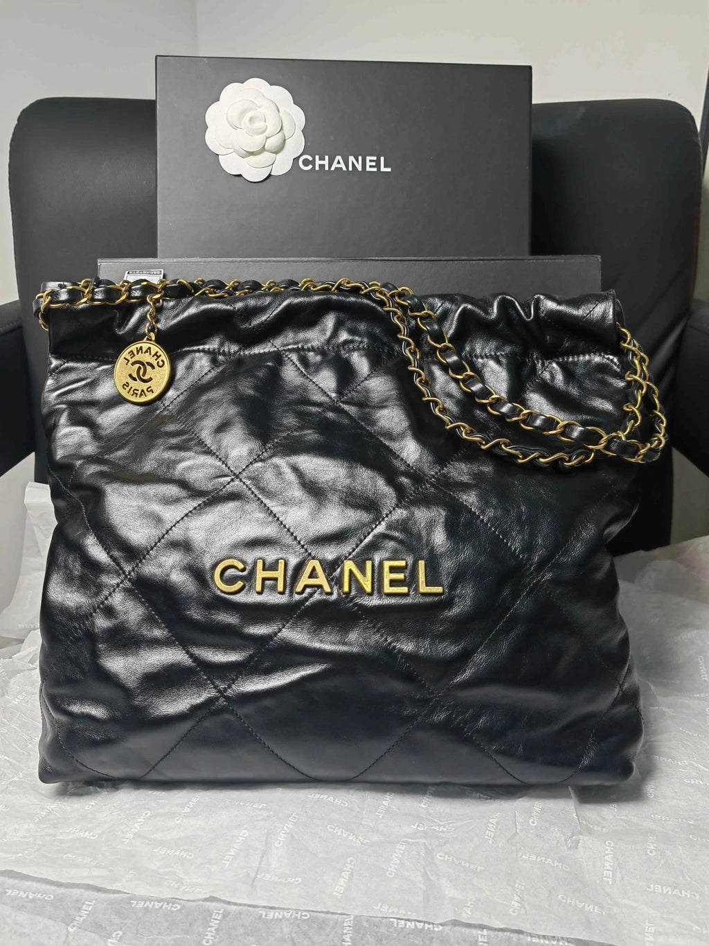 CHANEL 22 Bag Black Gold Medium Tote Shoulder Bag for Women