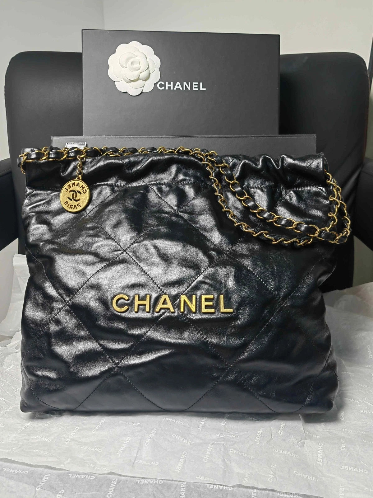 CHANEL 22 Bag Black Gold Medium Tote Shoulder Bag for Women