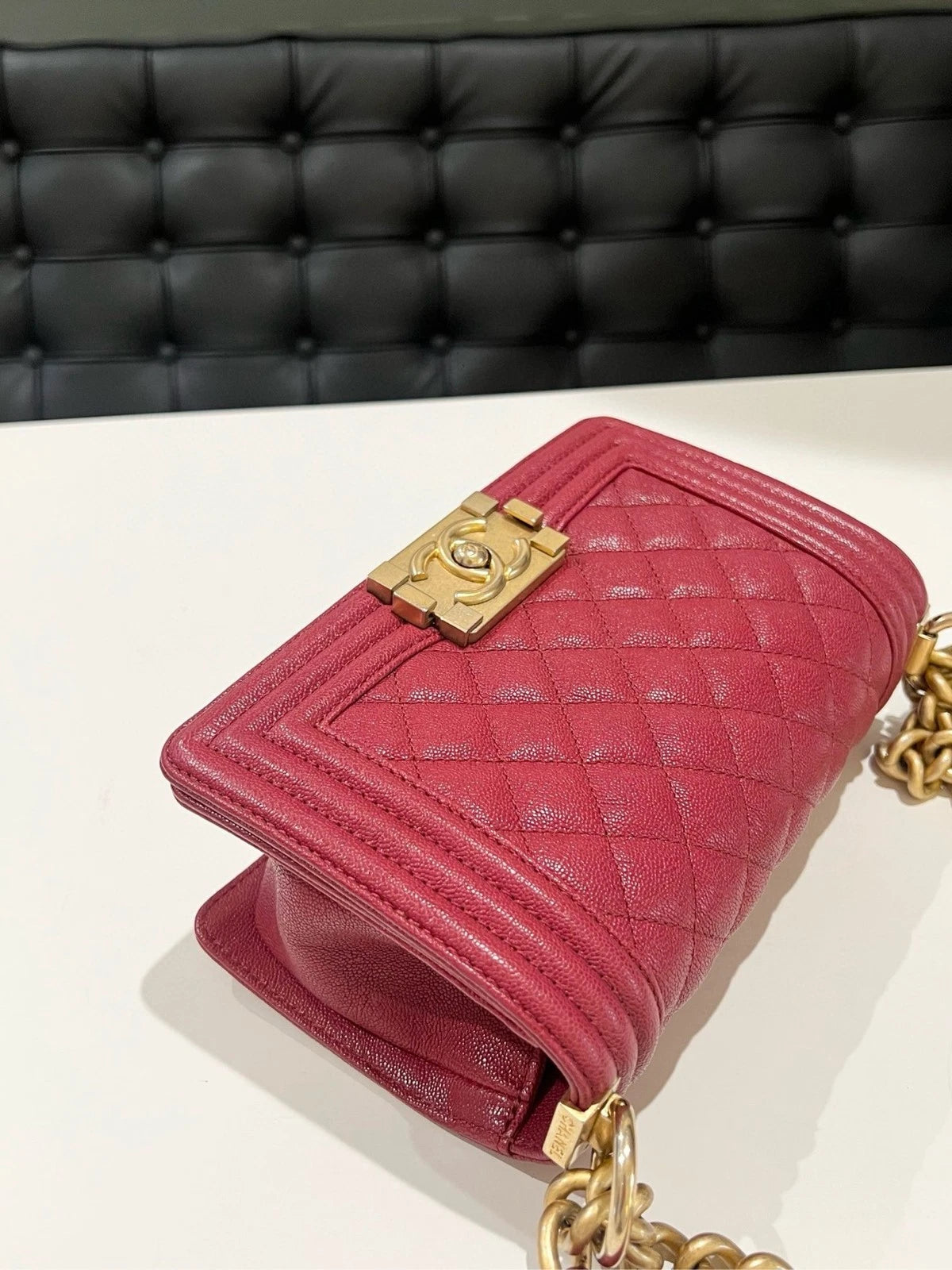 Chanel Le Boy Small Red Gold Chevron Quilted Chain Shoulder Bag