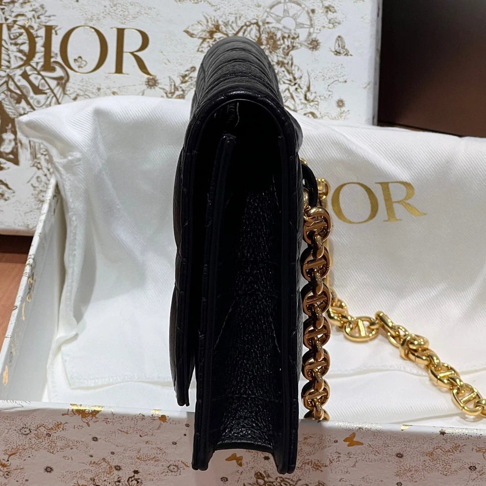 Excellent Christian Dior Caro Calfskin Long Black Wallet Chain Shoulder Bag GHW