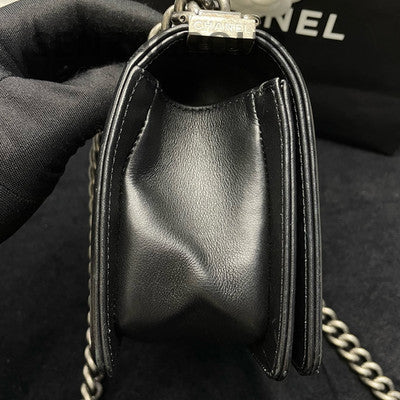 Chanel Black Silver Calfskin Small Le Boy Chain Shoulder Crossbody Bag