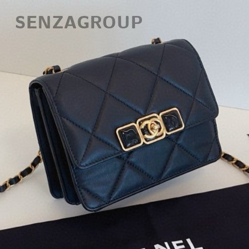 Chanel 22A Classic Flap Calfskin Diamond Chain Crossbody Black Gold Women