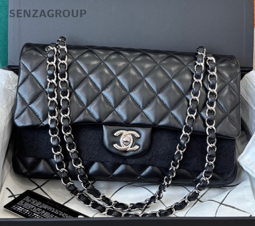 Chanel Classic Flap MM Lambskin Chain Shoulder Bag Crossbody Black Silver Women