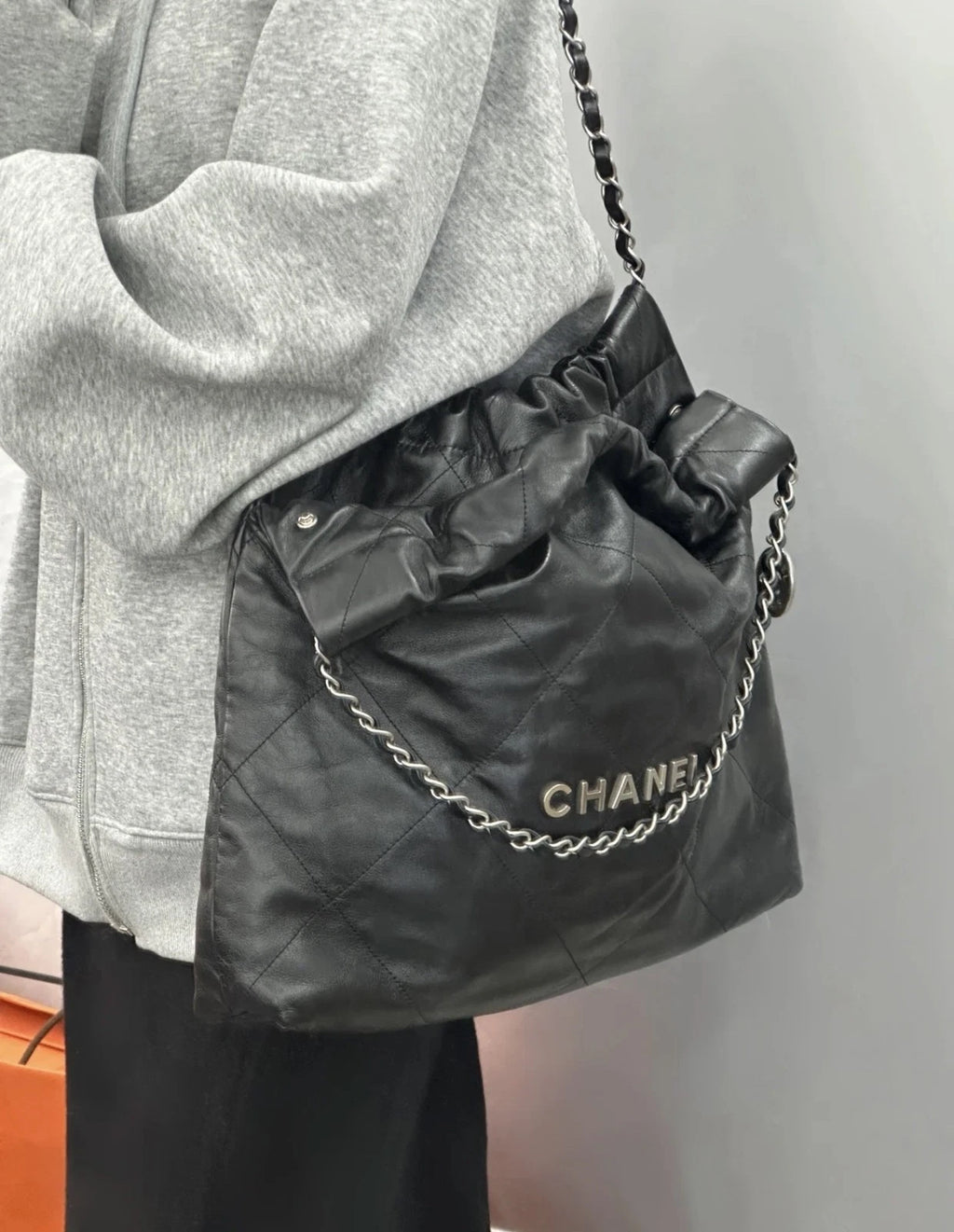 Authentic CHANEL 22Bag Small Black Silver Chain Tote Bag For Women