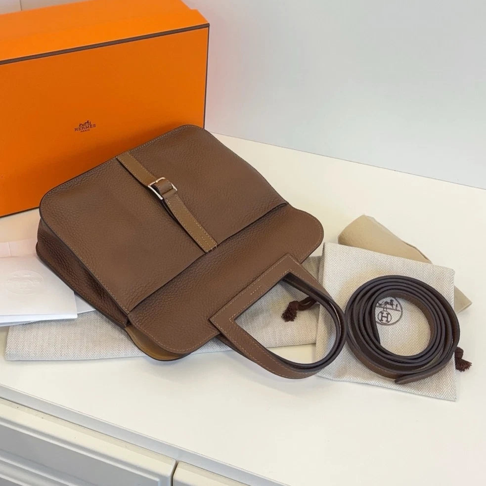 Hermes Halzan25 Shoulder Bag Crossbody Brown Silver Women Classic
