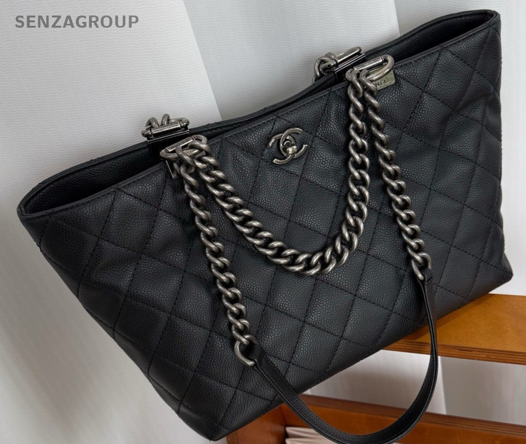 Chanel Calfskin Tote Chain Shoulder Bag Black Silver Used Women Classic