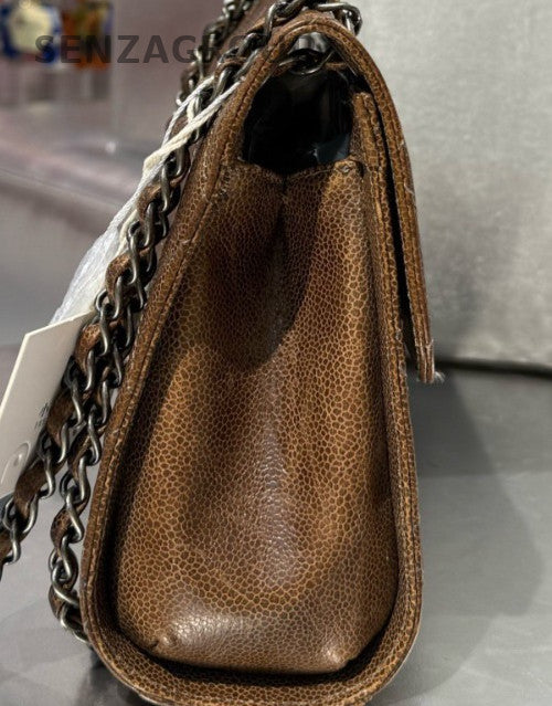 Chanel Classic Flap Calfskin PM Chain Shoulder Bag Crossbody Brown Silver Women