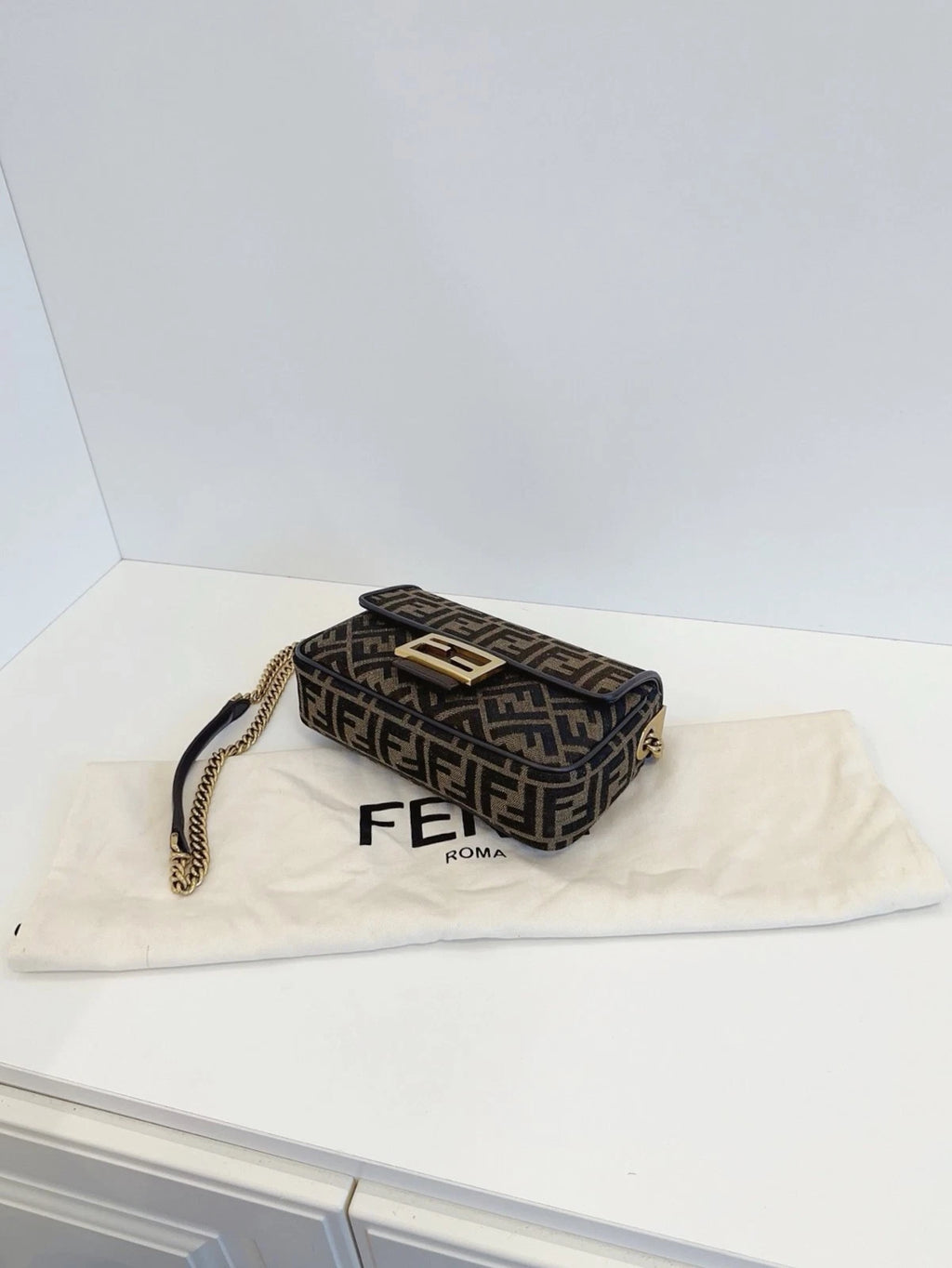 Fendi Baguette Medium FF Logo Chain Shoulder Crossbody Bag Brown