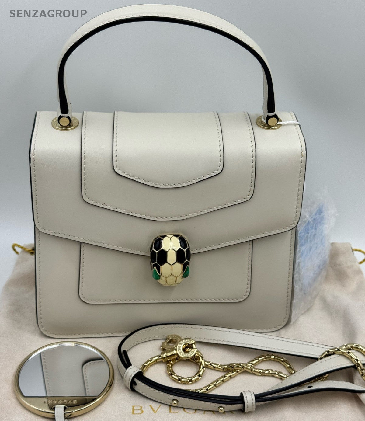 Bvlgari Serpenti 2Way Top Handle Bag Chain Crossbody White Gold Women Classic