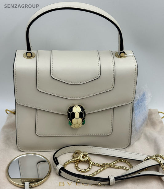 Bvlgari Serpenti 2Way Top Handle Bag Chain Crossbody White Gold Women Classic