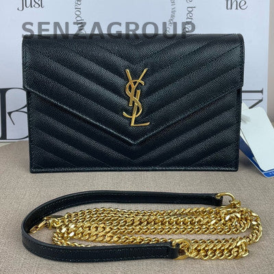 Saint Laurent YSL WOC Chain Envelope Bag Black Gold Women's Fashion