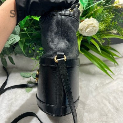Gucci Horsebit 1955 Black Gold Bucket Bag Drawstring Shoulder Crossbody