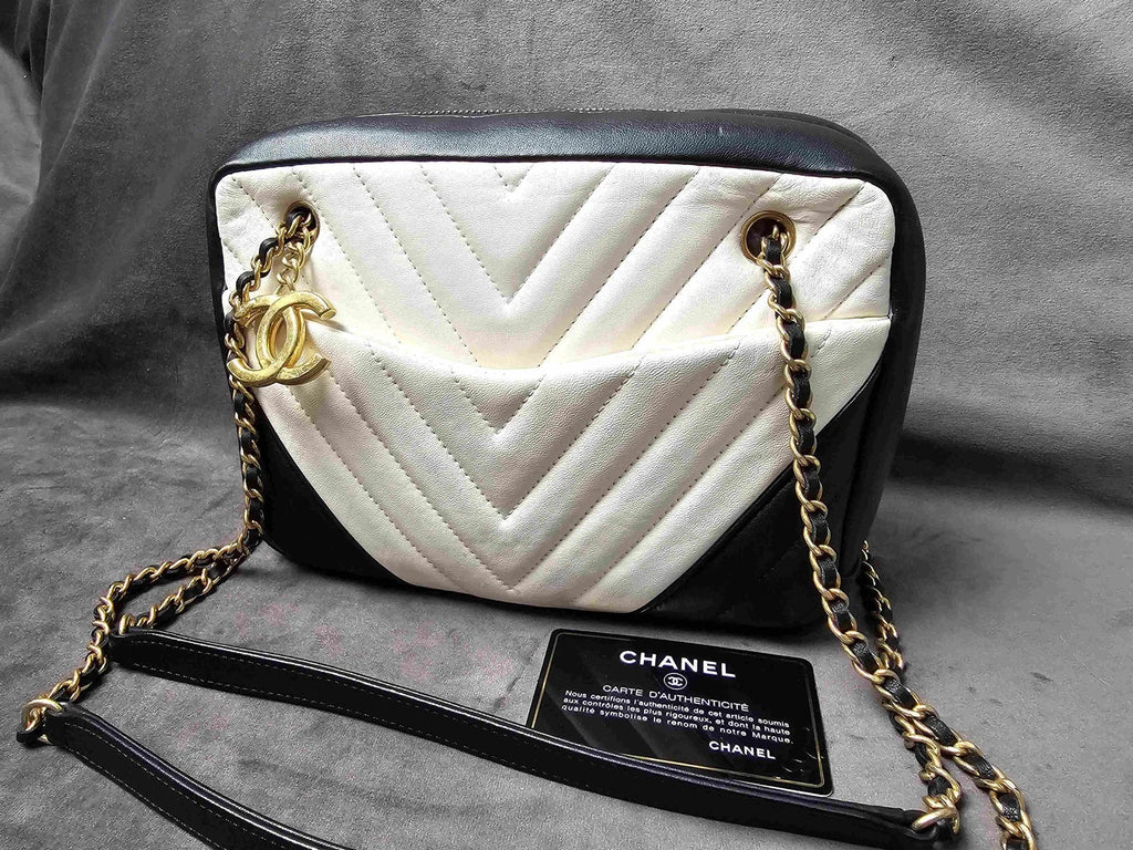 CHANEL Black White V Pattern Gold Button Camera Shoulder Bag Women