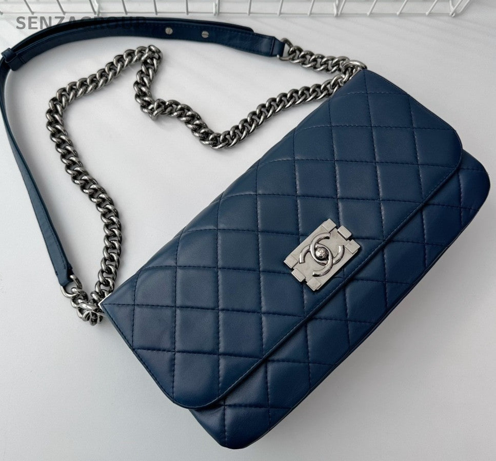 CHANEL Leboy Calfskin Chain Shoulder bag Crossbody Women Blue Silver