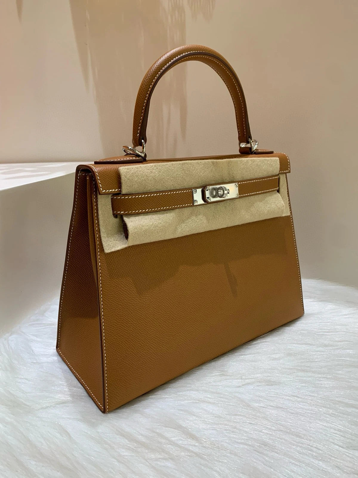 Hermes Kelly28 Gold Brown Epsom Silver Hardware Handbag For Women