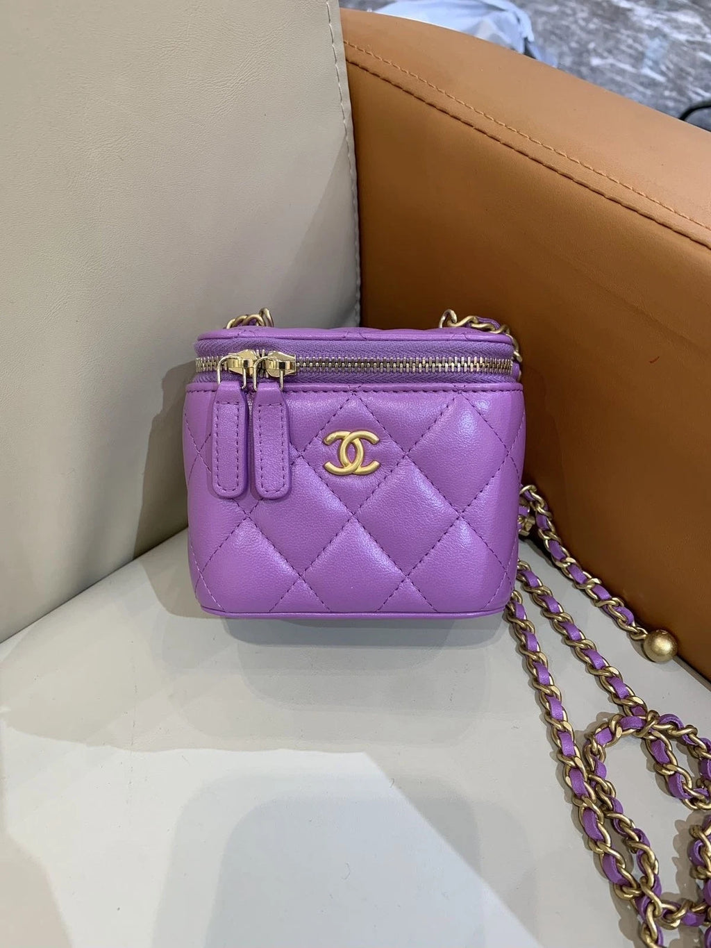 CHANEL Purple Lambskin Gold Ball Box Bag For Women