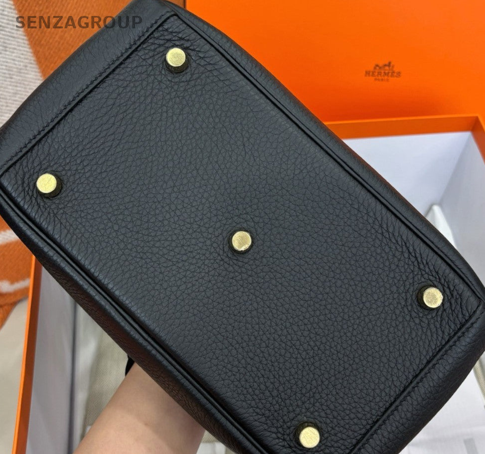 Hermes Lindy 26 TC Leather Top Handle Bag Black Gold Used Women Classic Designer