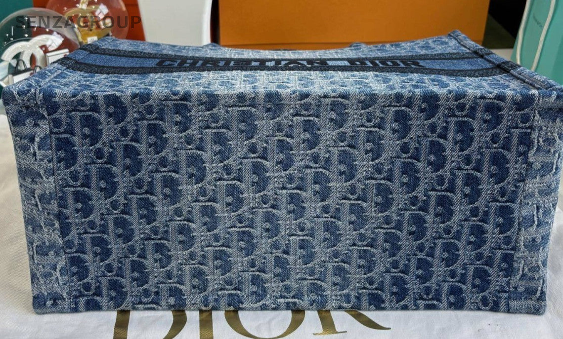 Christian Dior Book Tote MM Denim Oblique Top Handle Shoulder Bag Women Blue