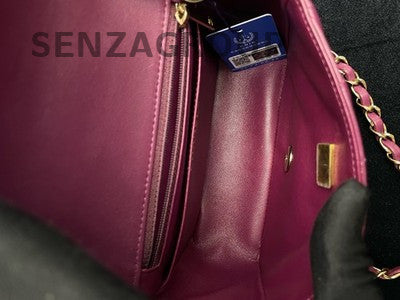 Chanel Red Lambskin Mini Square Flap Bag Gold Hardware Chain Strap
