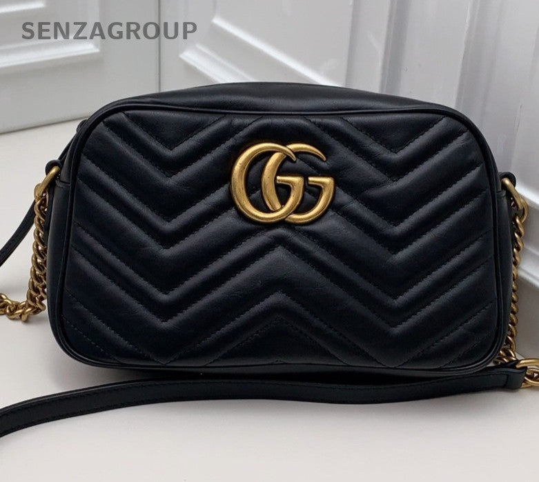 Gucci Marmont Calfskin Shoulder Bag Crossbody Black Gold Women Classic