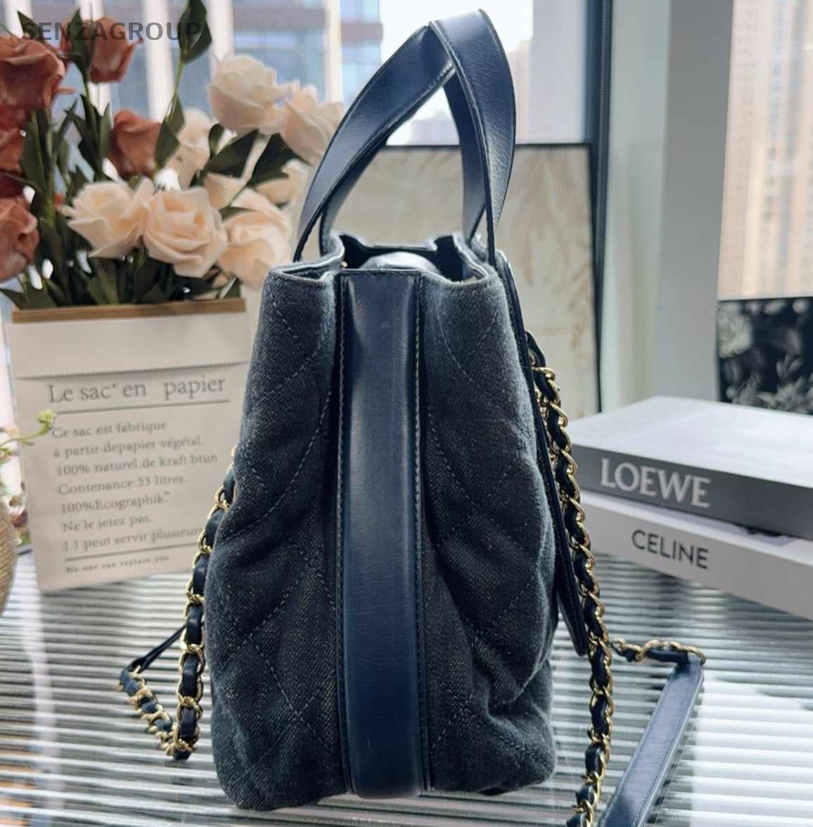 Chanel Denim Tote Handbag Chain Shoulder Bag Blue Gold Women Classic