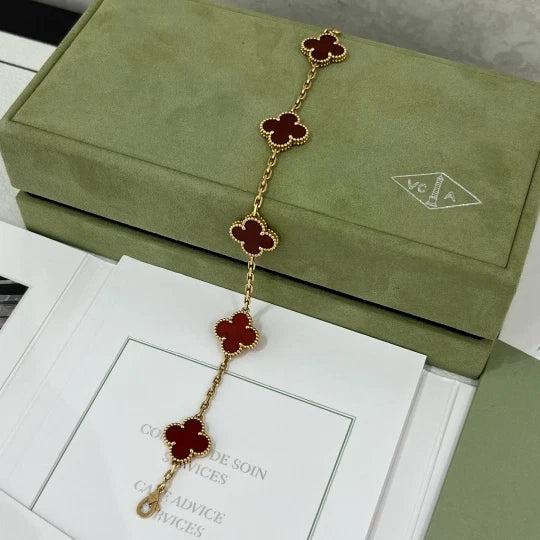 Van Cleef &amp; Arpels VCA Vintage Alhambra 5 Motifs Bracelet 18K YG Red Carnelian