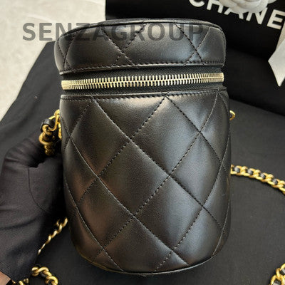 Chanel Black Vintage Gold Lambskin Chain Letter Bucket Crossbody Bag