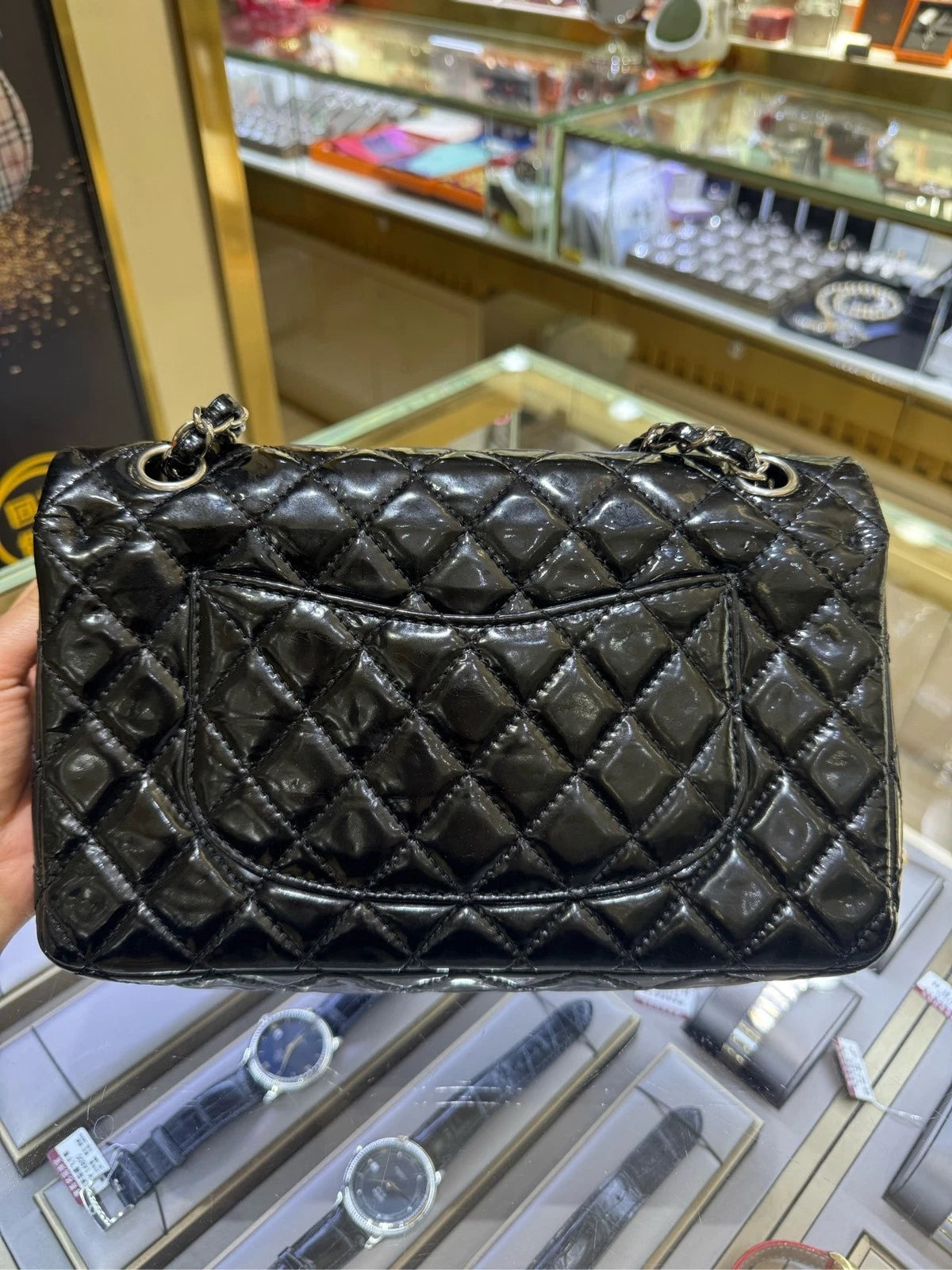 CHANEL Classic Flap Medium Black Patent Leather Shoulder Bag For Women