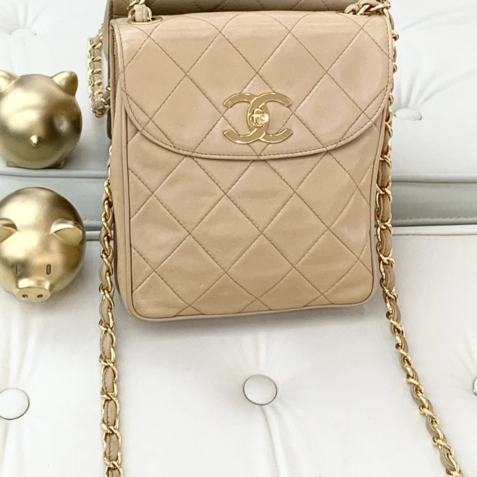 Chanel Vintage Lambskin Chain Camera Bag Crossbody Bag Beige Women S