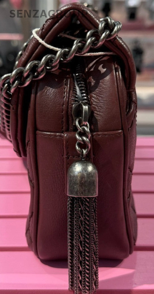 Chanel Classic Flap Calfskin Chain Shoulder Bag Red Silver Diamond Pattern