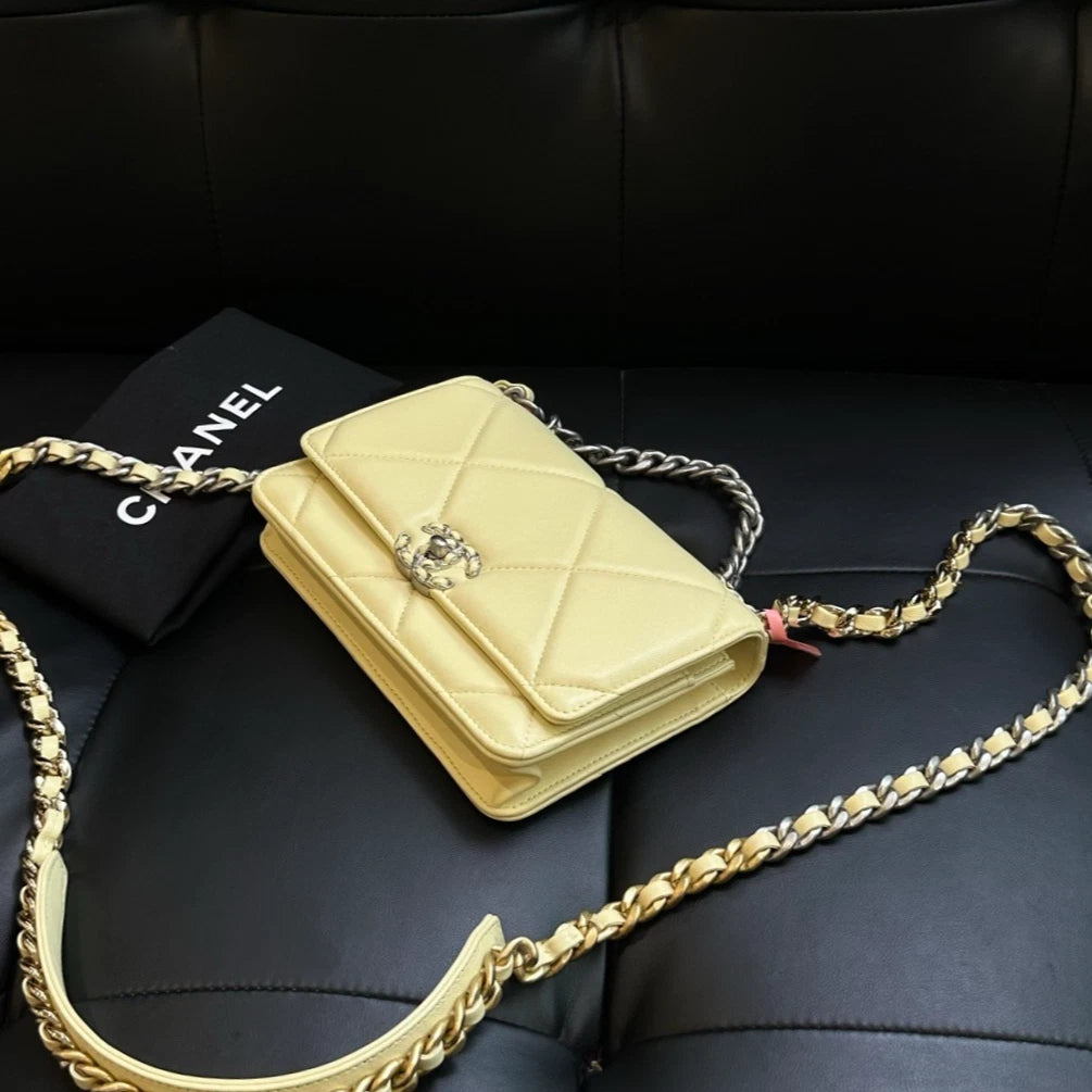 Chanel 19Bag WOC Chain Shoulder Bag Crossbody Yellow Silver Women Classic