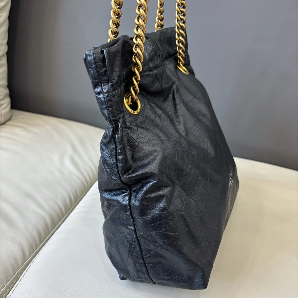 Excellent Balenciaga Crush PM Black Bucket Chain Shoulder Bag Gold Hardware