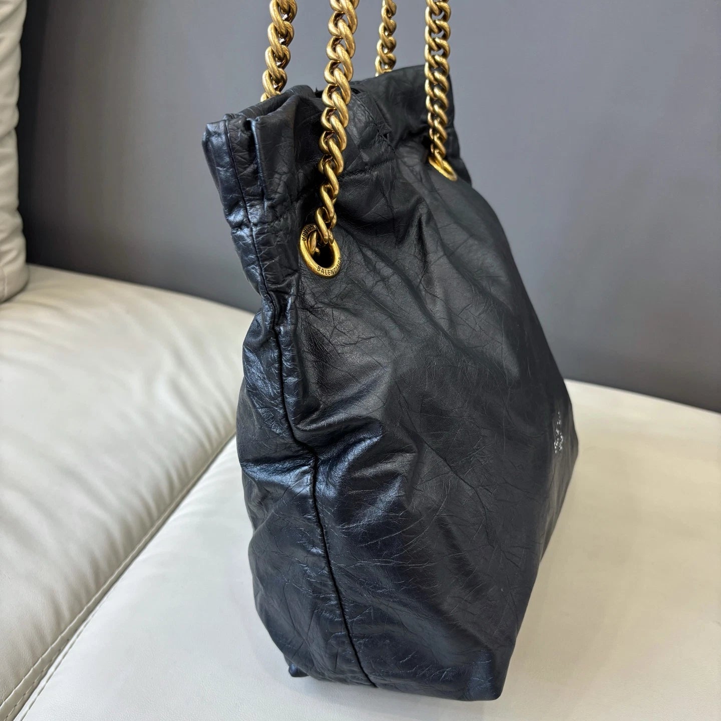 Excellent Balenciaga Crush PM Black Bucket Chain Shoulder Bag Gold Hardware