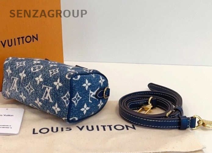 Louis Vuitton Speedy Nano Denim Top Handle Shoulder Crossbody Bag Blue Women