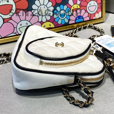 Chanel Mini White Gold Canvas & Calfskin Chain Shoulder Crossbody Clutch Bag