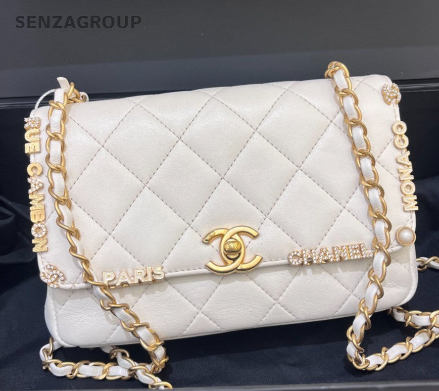 Chanel Chain 2Way Shoulder Bag Crossbody White Gold Diamond Women Classic